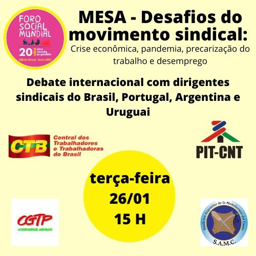 FSM2021: CTB faz debate Internacional sobre os Desafios do Sindicalismo Classista terça-feira (26)