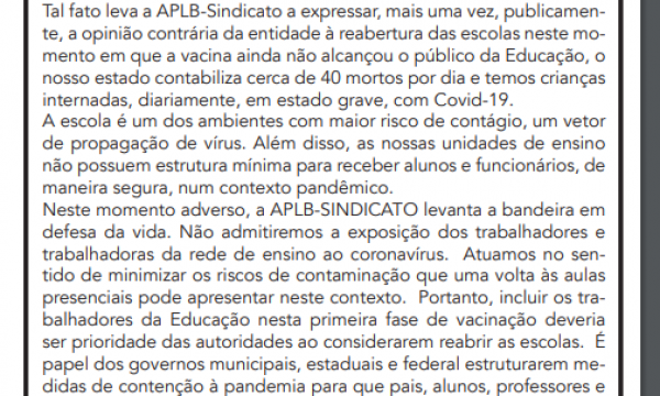 APLB divulga nota pública no Jornal A Tarde: “Aulas presenciais sem a imunização dos profissionais da Educação é genocídio!”