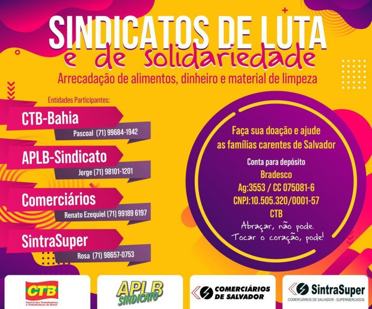 CTB-Bahia e entidades promovem campanha solidária em meio à pandemia do coronavírus