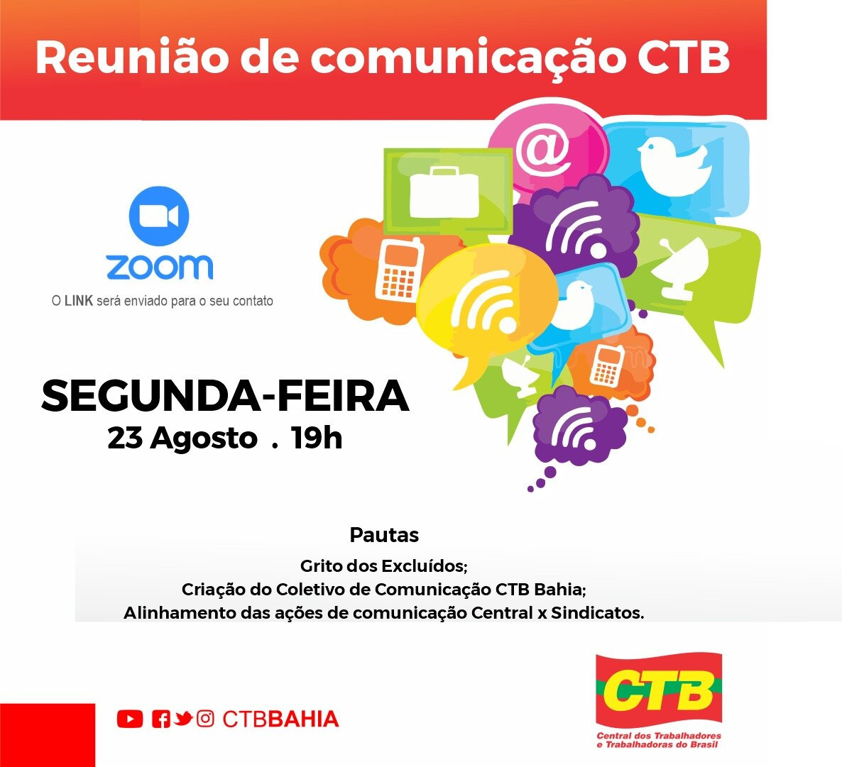 CTB-Bahia convoca direção estadual e coordenações regionais para reunião virtual, segunda (23)